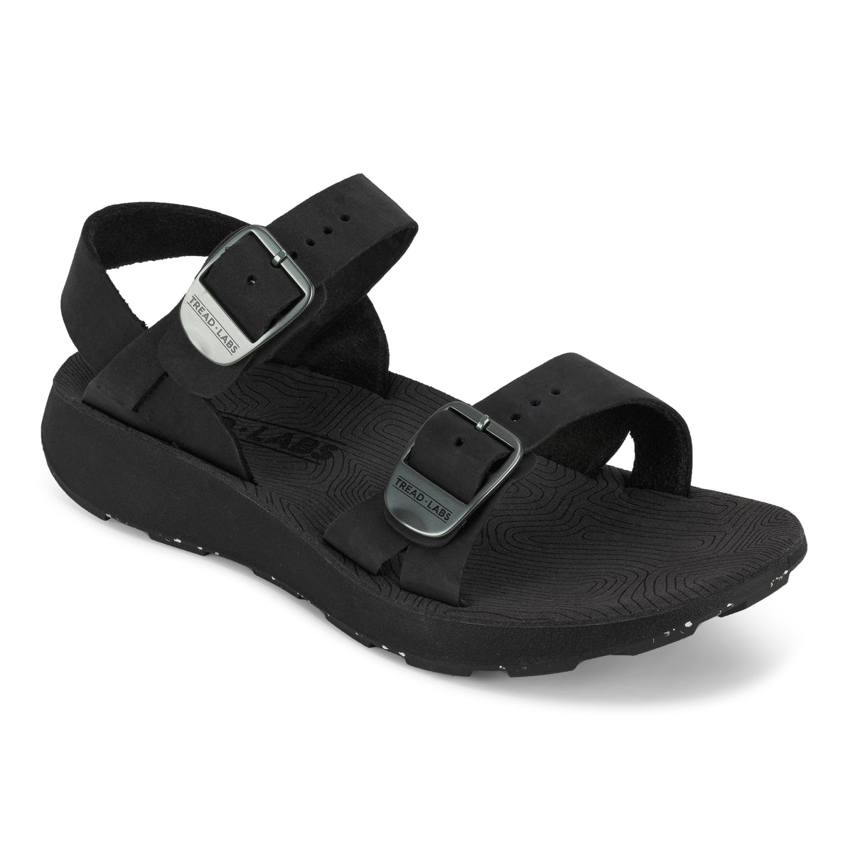 3/4 Angled View of Women's Salinas Leather Sandal in Black on a white background.