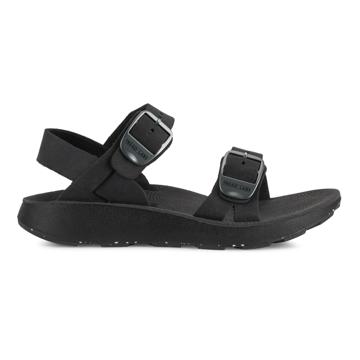 Lateral View of Women's Salinas Leather Sandal in Black on a white background.