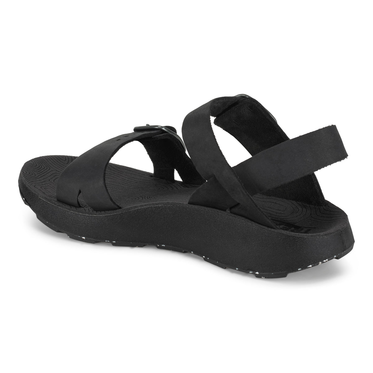 3/4 Angled Medial View of Women's Salinas Leather Sandal in Black on a white background.