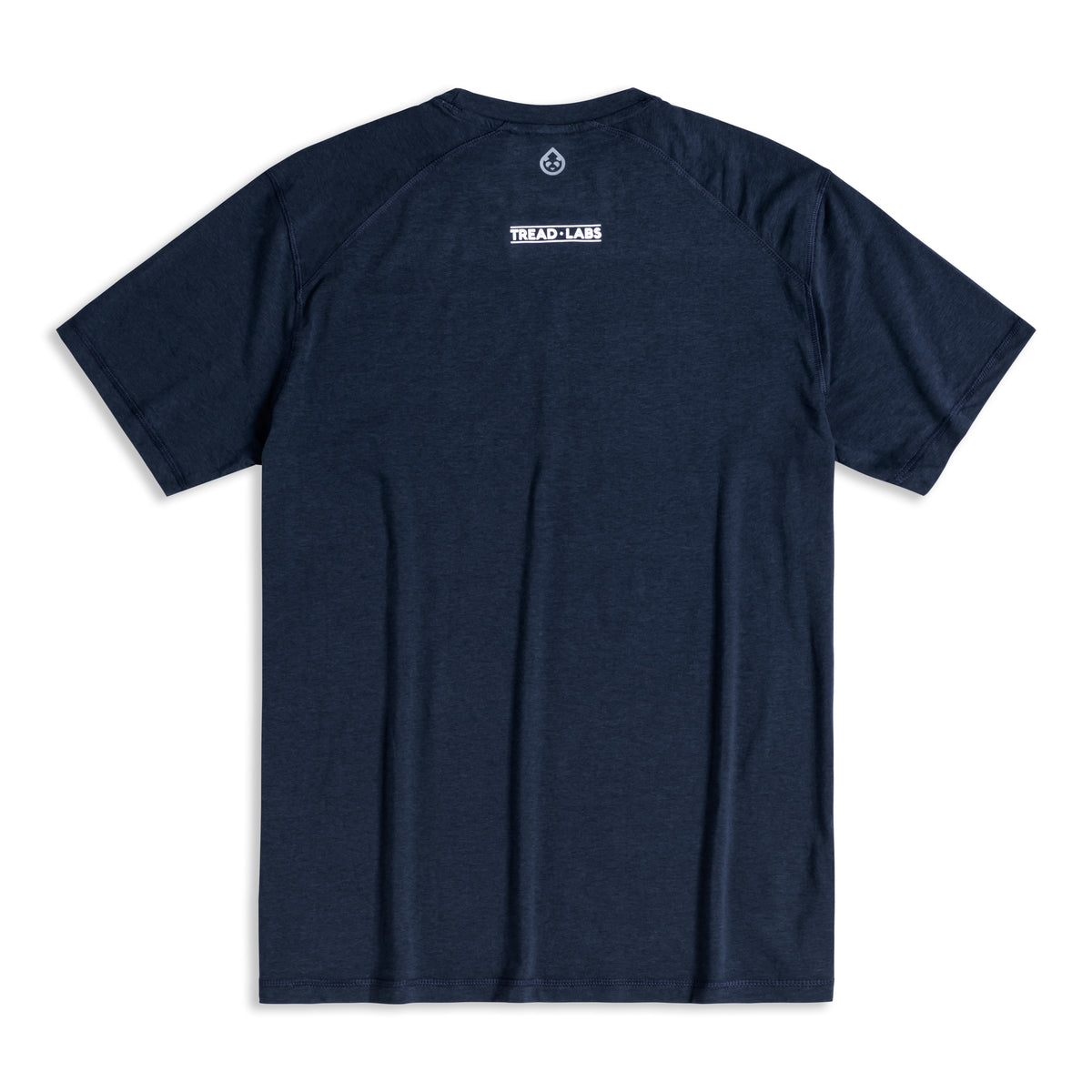 Back view of men's dark blue t-shirt with Tread Labs logo