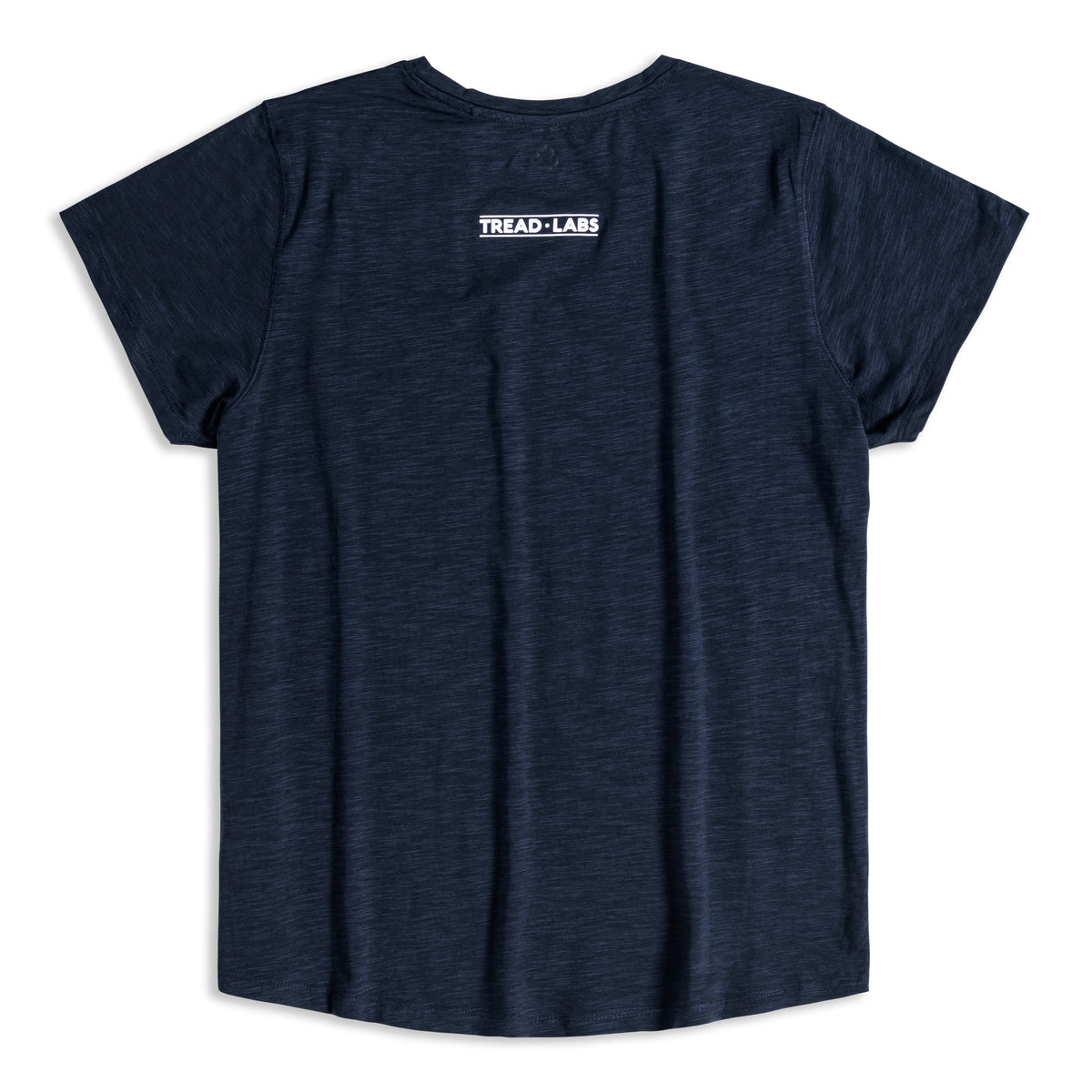 Back view of women's dark blue t-shirt with Tread Labs logo